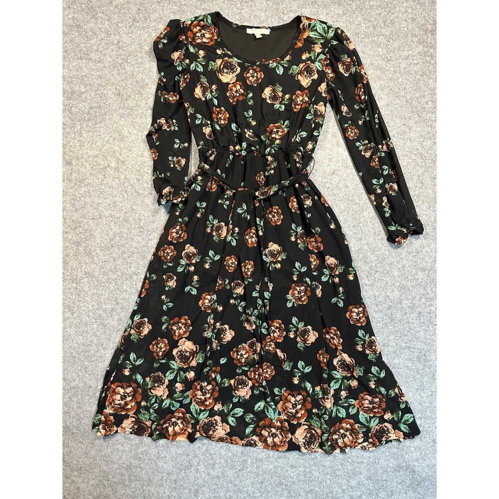 Haani Petite Floral Long Sleeve Midi Dress Black Rust PS Elastic Waist Belted